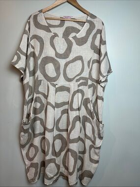 Caterina Ricci Linen 100% Neutral Patterned dress short sleeved pockets Italy